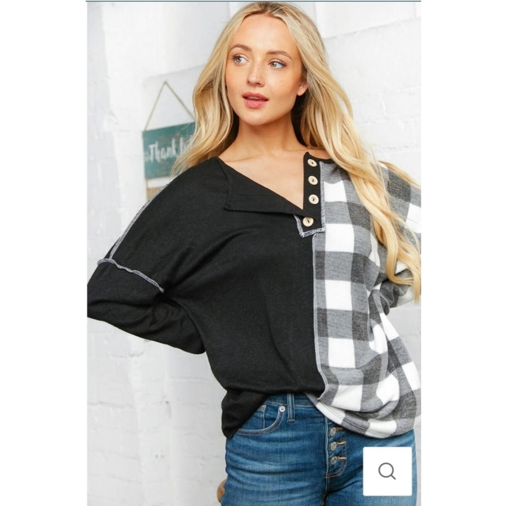 Plaid Half and Half Button Down Knit Top - Picture 2 of 9